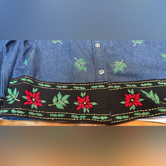 Blair Denim Button Down Shirt Jacket with Poinsettia Holiday Embroidery, Medium - Picture 9 of 12